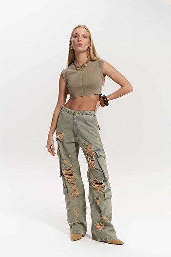 MAİ COLLECTİON Dries Dirty Gray Ripped Detail Cargo Jean Trousers