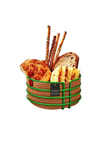 Edora Home Green Round Bread Basket - Stylish Wicker Knitted, Macrame, Multi-Purpose, Stainless Metal