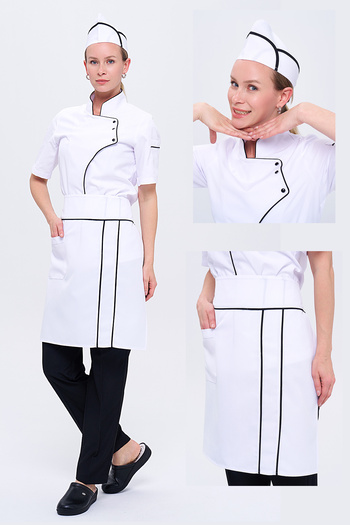 TIPTEKS Comfort Women's White Chef Jacket, Cap and Waist Apron - Black Piping / Black Pants Set of Four