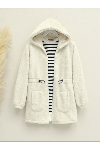 Modamorfo Ecru Plush Coat - Elastic Waist, Hoodie and Zipper