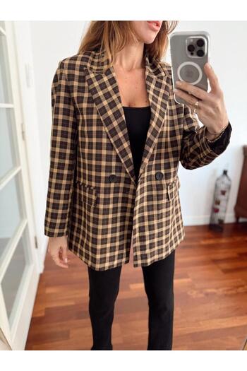 Maldia Shop Kadın Double Kumaş Astarlı Vintage Kareli Blazer Ceket