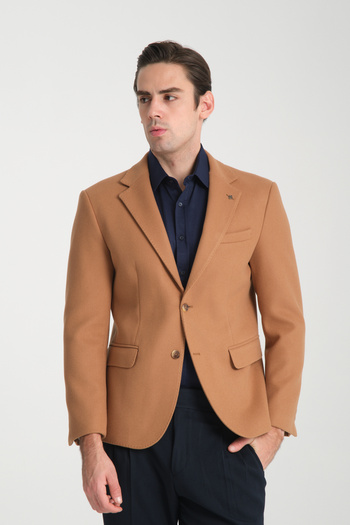 Frappoli Grande Men's Camel Stitched Fabric Mono Collar Slim Fit Sports Blazer Jacket
