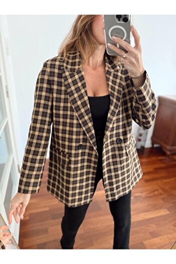 Maldia Shop Kadın Double Kumaş Astarlı Vintage Kareli Blazer Ceket
