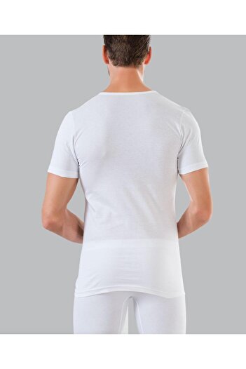 saac White Rib Men's Undershirt - 100% Cotton, Deep Crew Neck, Short Sleeve 2 Pcs-455-2