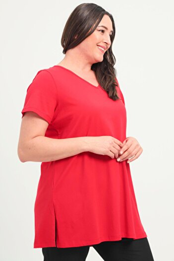 SERTUĞ Trend42Plus Plus Size Slit V-Neck Red T-Shirt