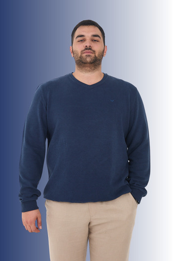 Maccali Men's Large Size V-Neck Oversized Basic Blue Sweatshirt