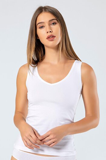TÜREN White Lycra Cotton V-Neck Strappy Tank Top