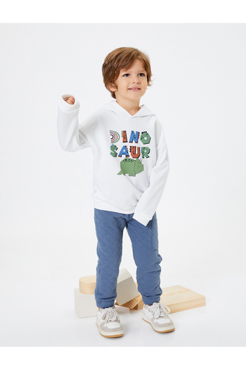 Koton Hooded Sweatshirt Dinosaur Printed Raised Crew Neck Cotton
