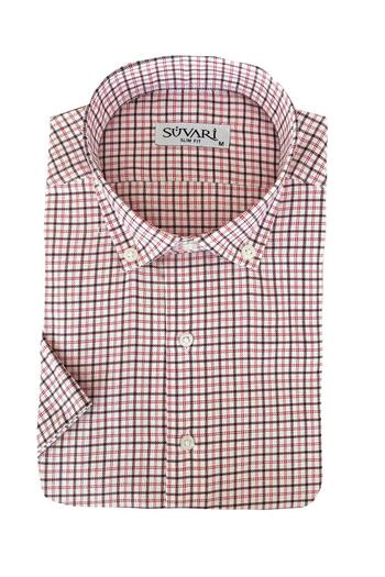 SÜVARİ Red Striped Cavalry Slim Fit Short Sleeve Shirt