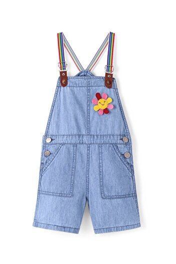 Bonfino 100% Cotton Woven Sleeveless Multi Color Strap Dungaree with Floral Patch - Blue