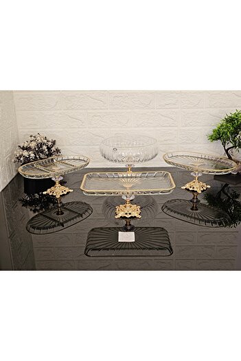 atabey home collection 4-Piece Striped Dowry Set - 3 Presenter Holders and 1 Salad Bowl