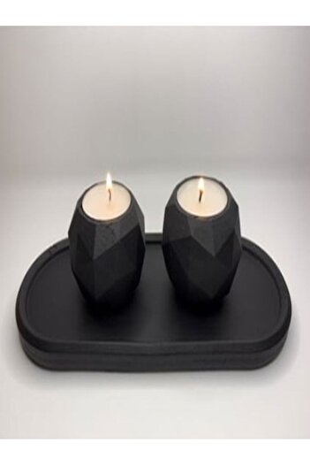 Store Geometrik Beton Mumluk Set Mat Siyah 3 Parça Oval Tealight Mumluk(2 adet tealight dahil)