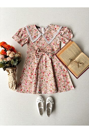 KÜÇÜĞÜM BUTİK Vintage Büyük Yakalı Pudra Çiçekli Kloş Anne-kız Çocuk Elbise Kombin (TEKLİ FİYATTIR)
