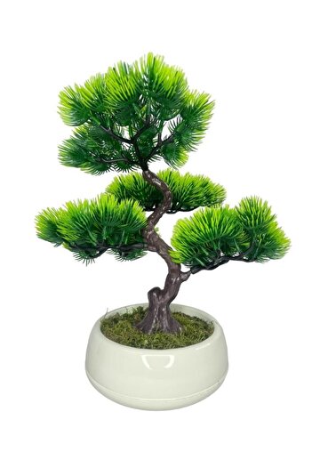 Nettenevime Bonsai Dekoratif Yapay Ağaç Yeşil Bonzai 35*30cm Krem Renk Yuvarlak Saksıda