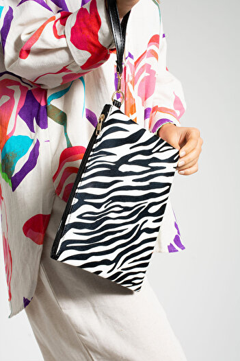 Defnella Zebra Patterned Clutch Bag with Hand Strap