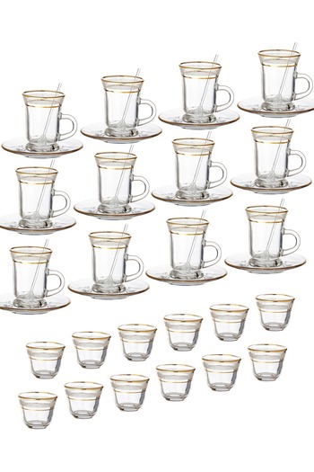 Dania A Set 48 Pieces Tea Cups + Saucers, Saudi Coffee & Tea Spoons, Made Glass + Golden Line