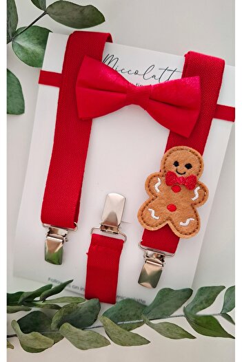 miccolatte for you tiny heart طقم بنطلون جينجرمان / كوكي مان للأولاد مع حمالات وربطة عنق من الساتان للأطفال من عمر 0 إلى 24 شهرًا
