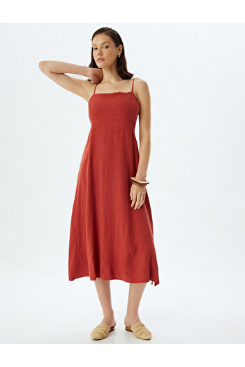Koton Linen Midi Dress - Lined, Thin Straps and Low-Cut Detail
