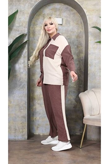 garajmood Brown Shirt & Pants Women's Plus Size Double Color Pocket Bottom Top Suit