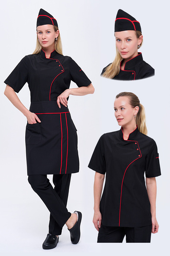 TIPTEKS Comfort Women's Black Chef Jacket, Cap and Waist Apron - Red Piping / Black Chef Pants Set of Four