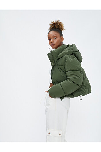 Koton Short Puffer Jacket Oversize Quilted Hooded Zippered Pocket