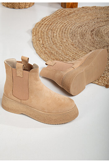 Mc vay Shoes 014 Chelsea Nude Suede Elastic Detailed Stylish Women's Boots