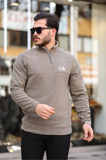Miron Χακί Unisex κεντημένο γιακά φλις φούτερ με μισό φερμουάρ - 2321