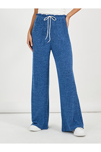 Styli High Rise Ribbed Knit Wide Leg Pants with Drawstring