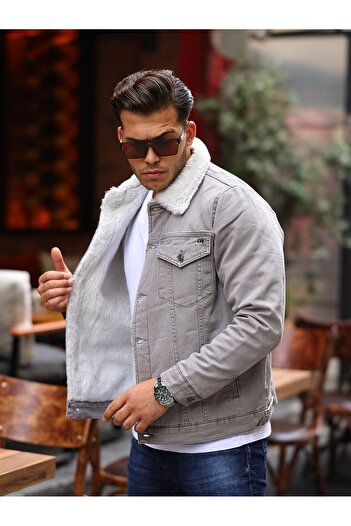 LTC Jeans Beige Men's Fur Lined Quilted Oversize Denim Jacket