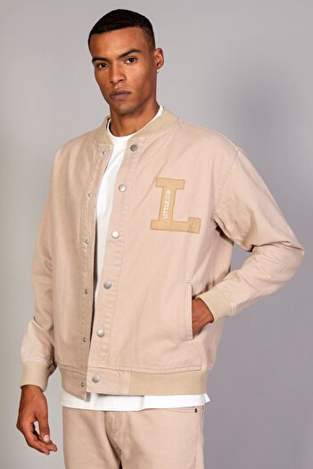 LTC Jeans Beige Men's Snap Fastener Oversize Rib Detail Denim Jacket