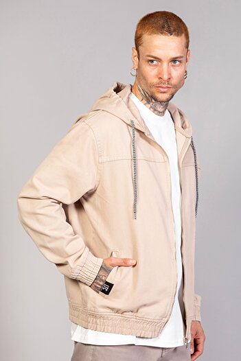 LTC Jeans Men's Hooded Oversize Marsıan Beige Denim Jacket