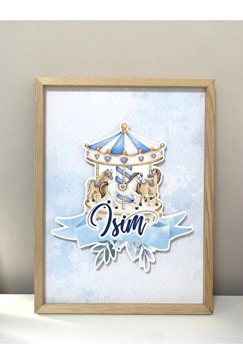 neşeli günlerim İsme Özel Boyutlu Mavi Atlıkarınca Figürlü Ahşap Çerçeve 30x40 cm Tablo, Hastane Odası Kapı Süsü, Ço