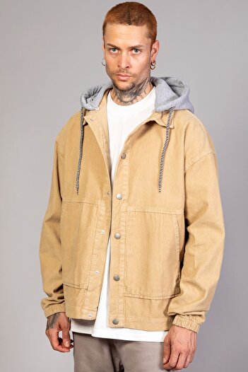 LTC Jeans Men's Beige Detachable Hooded Oversize Cotton Velvet Jacket