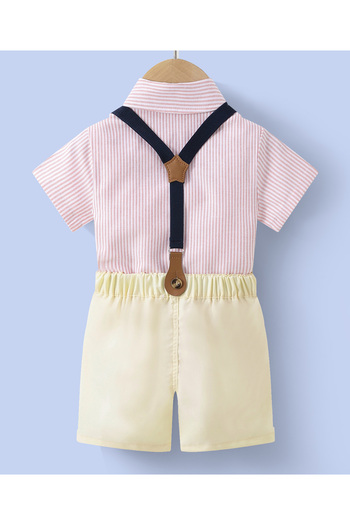 Kookie Kids Shirt with Bow and Pants with  Suspender Set - Pink & Pale Yellow