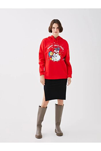 LC Waikiki Lcw Vision Red Christmas Themed Sylvester and Tweety Printed Women's Thick Hoodie