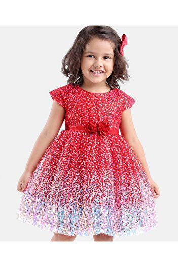 Babyhug Sleeveless Sequined Party Frock with Corsage - Red