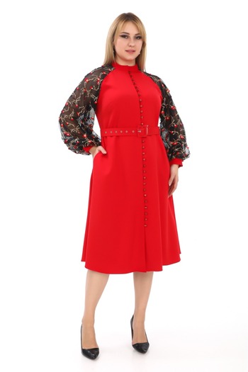 etselements Red Floral Print Tulle Evening Dress with Sleeve Belt - Button Detail 7060