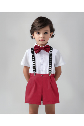Kookie Kids Solid Shirt & Short Bottom Set With Moustache Print Suspenders & Bow Tie - White & Red