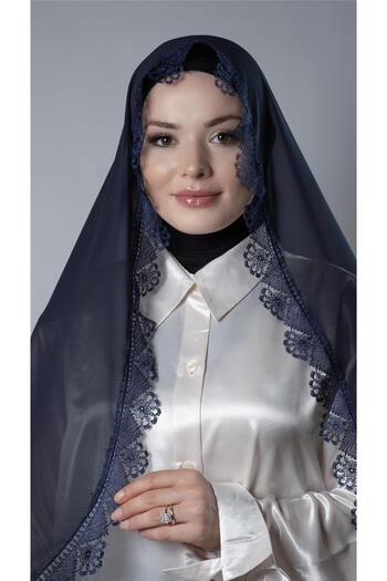HÜRREM BONE Синя молитовна хустка з шифону з мереживом 202106_02