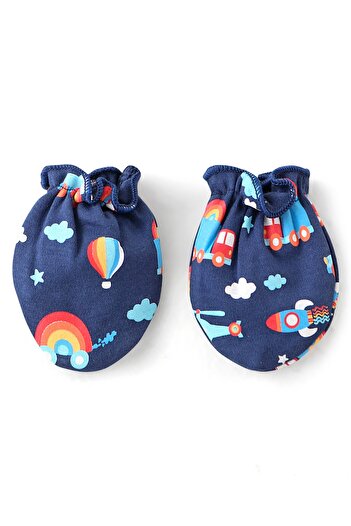 Babyhug 100% Cotton Knit Mittens & Booties Set Vehicles Print - Navy Blue