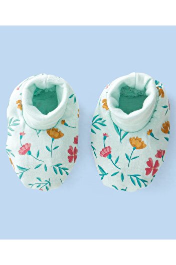 Babyhug 100% Cotton Cap Mittens And Booties Floral Print - Blue