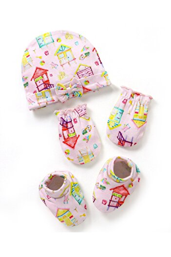 Bonfino Cotton Cap Mittens & Booties Set Floral Print Ivory - Diameter 12.5 cm