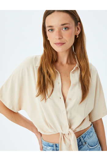 Koton Classic Lapel Front Tie Detail Short Sleeve Shirt