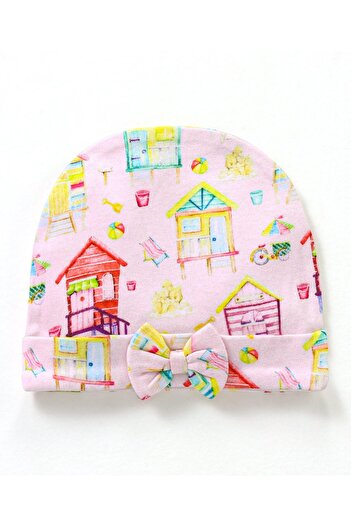 Bonfino Cotton Cap Mittens & Booties Set Floral Print Ivory - Diameter 12.5 cm