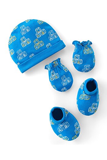 Babyhug 100% Cotton Interlock Knit Cap Mittens & Booties Set Alphabet Print -Blue