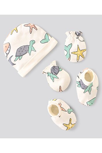 Bonfino Cotton Cap Mittens & Booties Sea Life Print - Off White