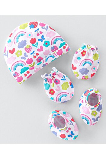 Babyhug 100% Cotton Knit Cap Mittens & Booties  Rainbow Print- White