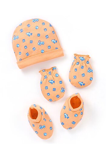 Babyhug 100% Cotton Cap Mittens And Booties Vehicle & Aircraft Print Peach - Cap Diameter 10.5 cm