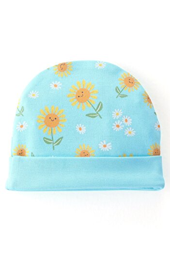 Babyhug 100% Cotton Cap Mittens & Booties Floral Print Blue- Diameter 9.5 cm