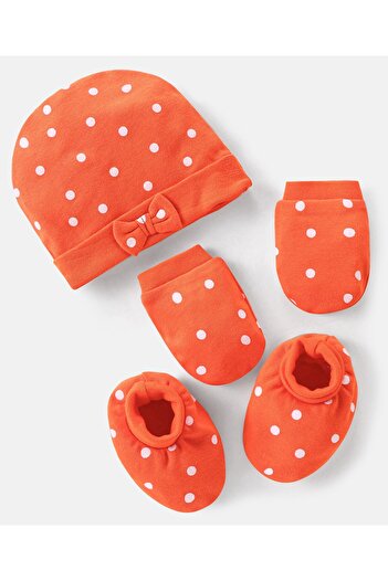 Bonfino Bonfino  100% Cotton Polka Dot Print With Bow Applique Cap Mittens & Booties Set -Orange